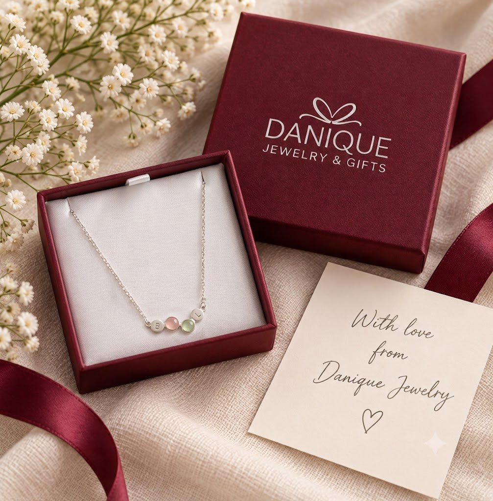 Personalized family birthstone necklace in Danique Jewelry gift box
