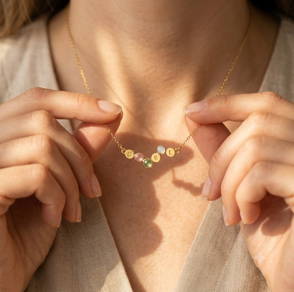 Woman wearing minimalist birthstone and initial family necklace
