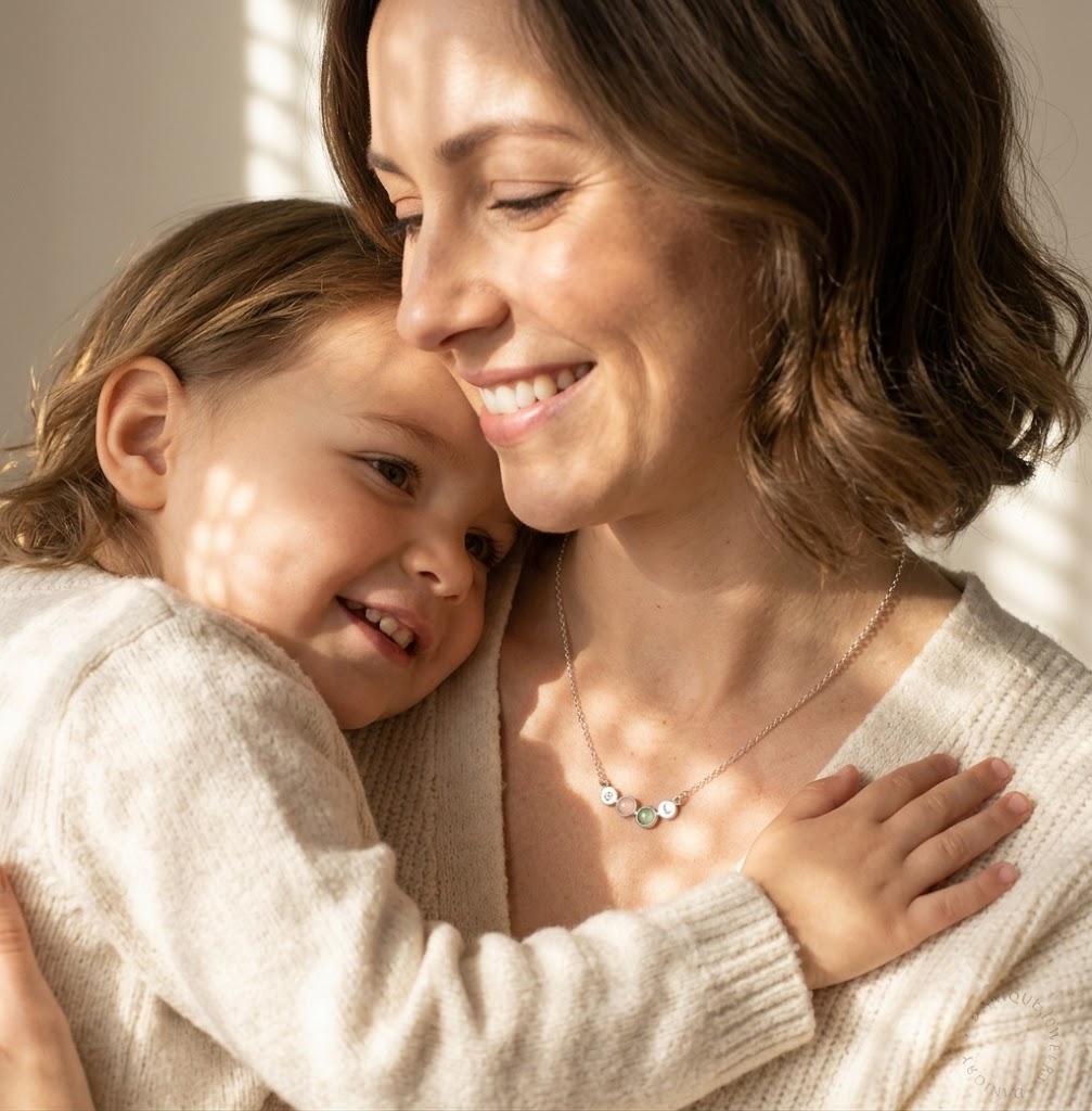 Mom wearing personalized birthstone necklace while holding child
