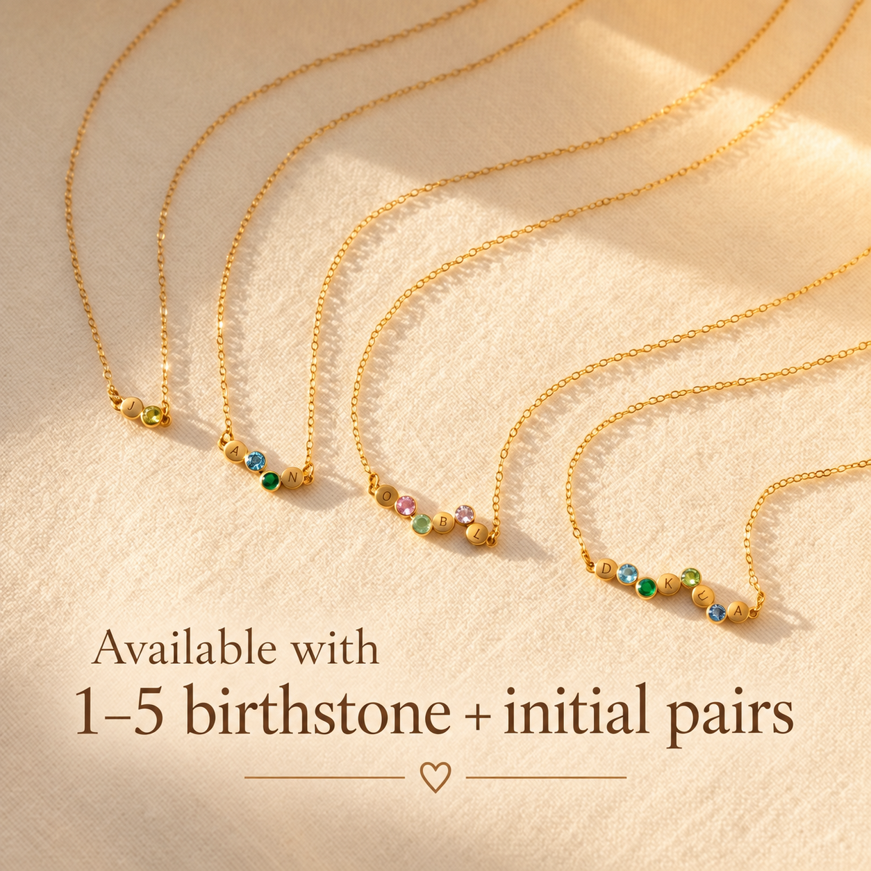Family birthstone necklaces with one to five initial and gemstone pairings
