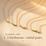 Family birthstone necklaces with one to five initial and gemstone pairings
