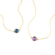 Two gold filled connector necklaces each with a single gemstone kyanite and purple amethyst.