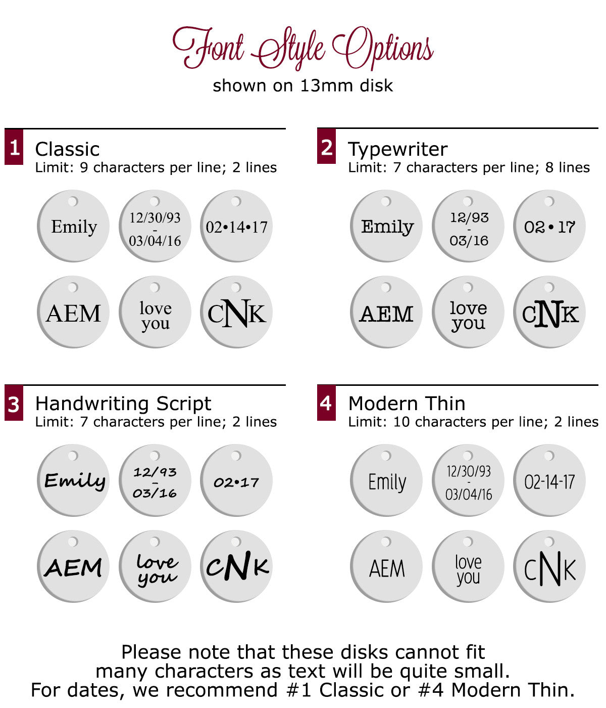 Choose from classic, typewriter, handwriting script or modern thin font styles to engrave a name, date or short phrase