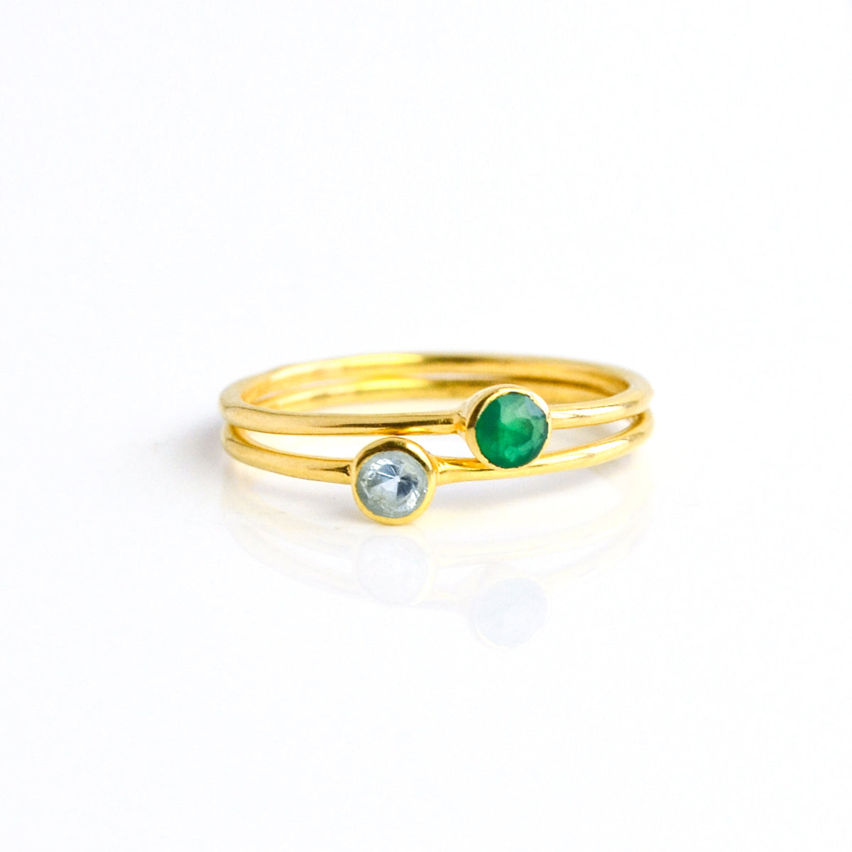 Set of 2 Gold Plated Ring Combo Green Onyx Blue Topaz