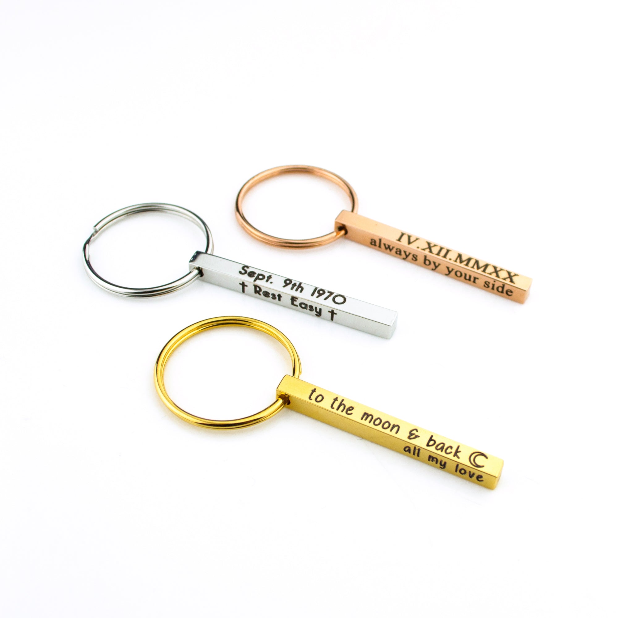 Yellow Gold tone Rose Gold tone Stainless Steel Small 3D Bar Keychains Special Date Engraving Secret Message engraving