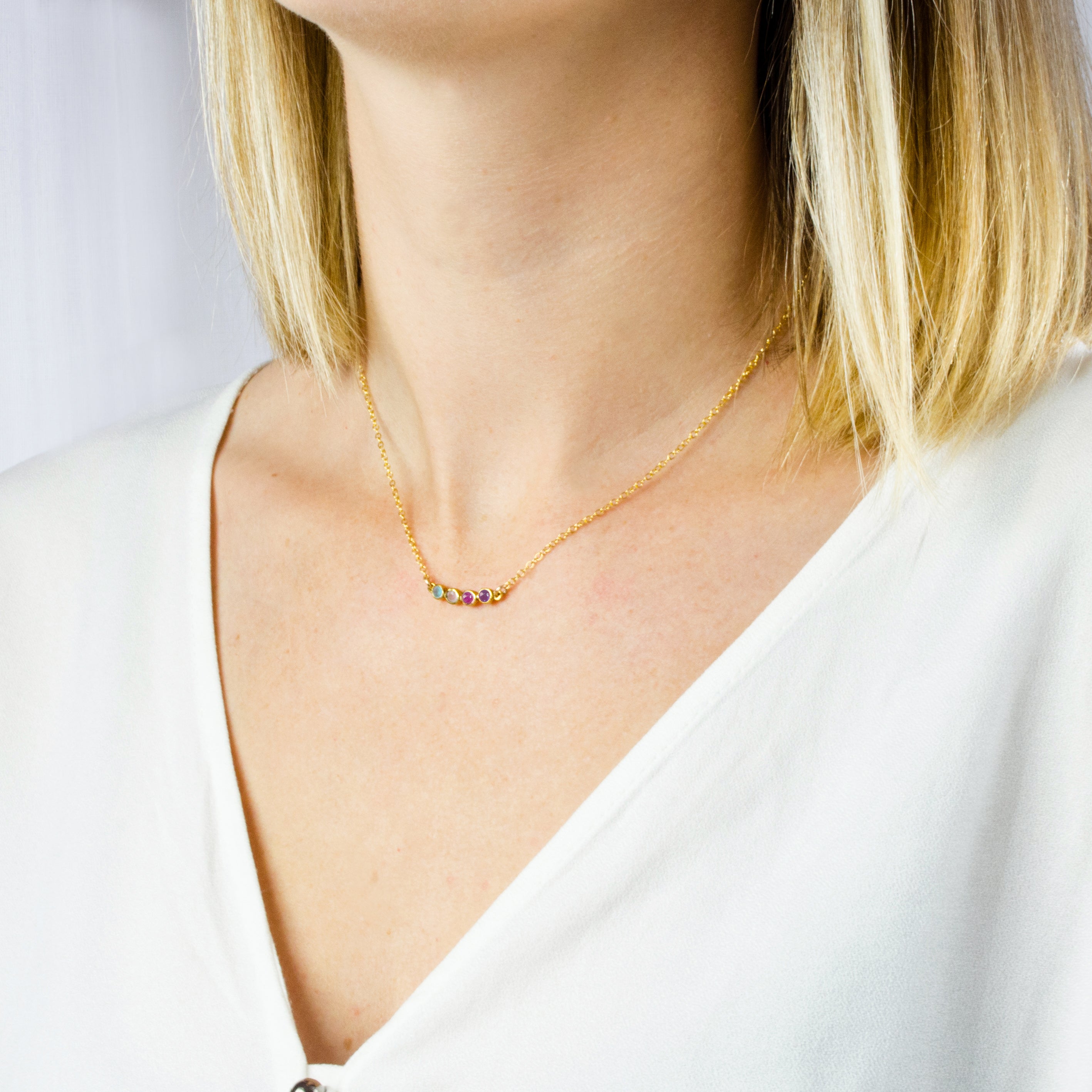 Tiny Birthstone Cabochon Bar Necklace : Available in All Birthstones