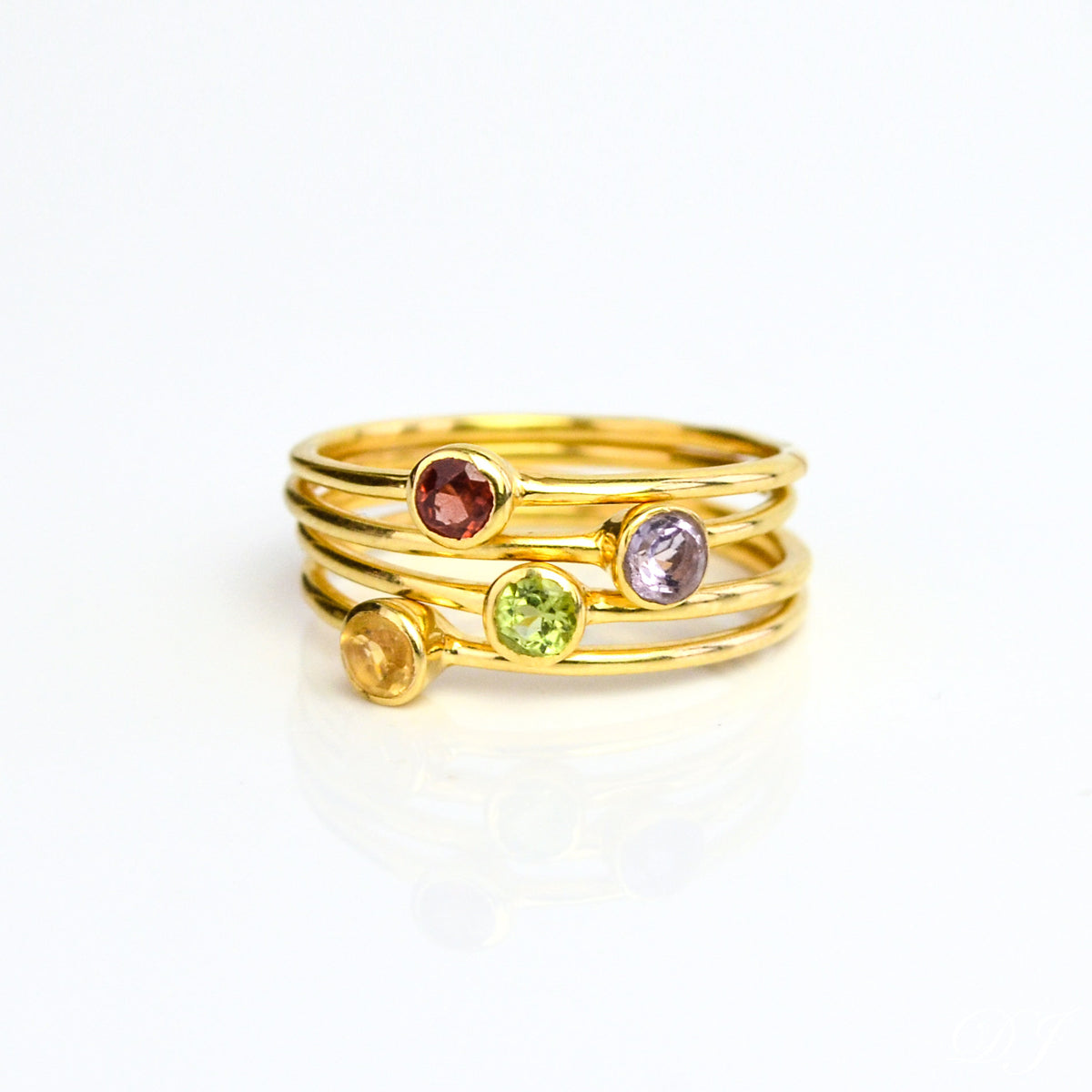 Set of four gold plated Purple amethyst ring, garnet, peridot and citrine rings. february birthstone jewelry, vibrant purple gemstone ring, faceted purple amethyst, Bezel set ring, 18k vermeil gold, Sterling silver ring, amethyst gift, february birthday gift, purple ring for her, stacking ring, stackable ring