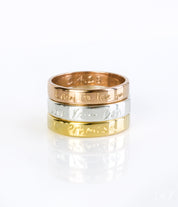 Three Ring Bands in Vermeil Rose Gold, Sterling Silver, and Vermeil Gold each personalized with engravings of actual handwriting text. Ring Bands can be engraved on both the outside and inside. Love Note Actual Handwriting Engraved Ring, Anniversary Gift for Him, Personalized Rings for Couples, Gift for her, gift for him, memorial gift, commemorative gift, gift for fiance, gift for husband, gift for wife, gift for girlfriend, gift for boyfriend, silver anniversary gift, wedding gift, graduation gift