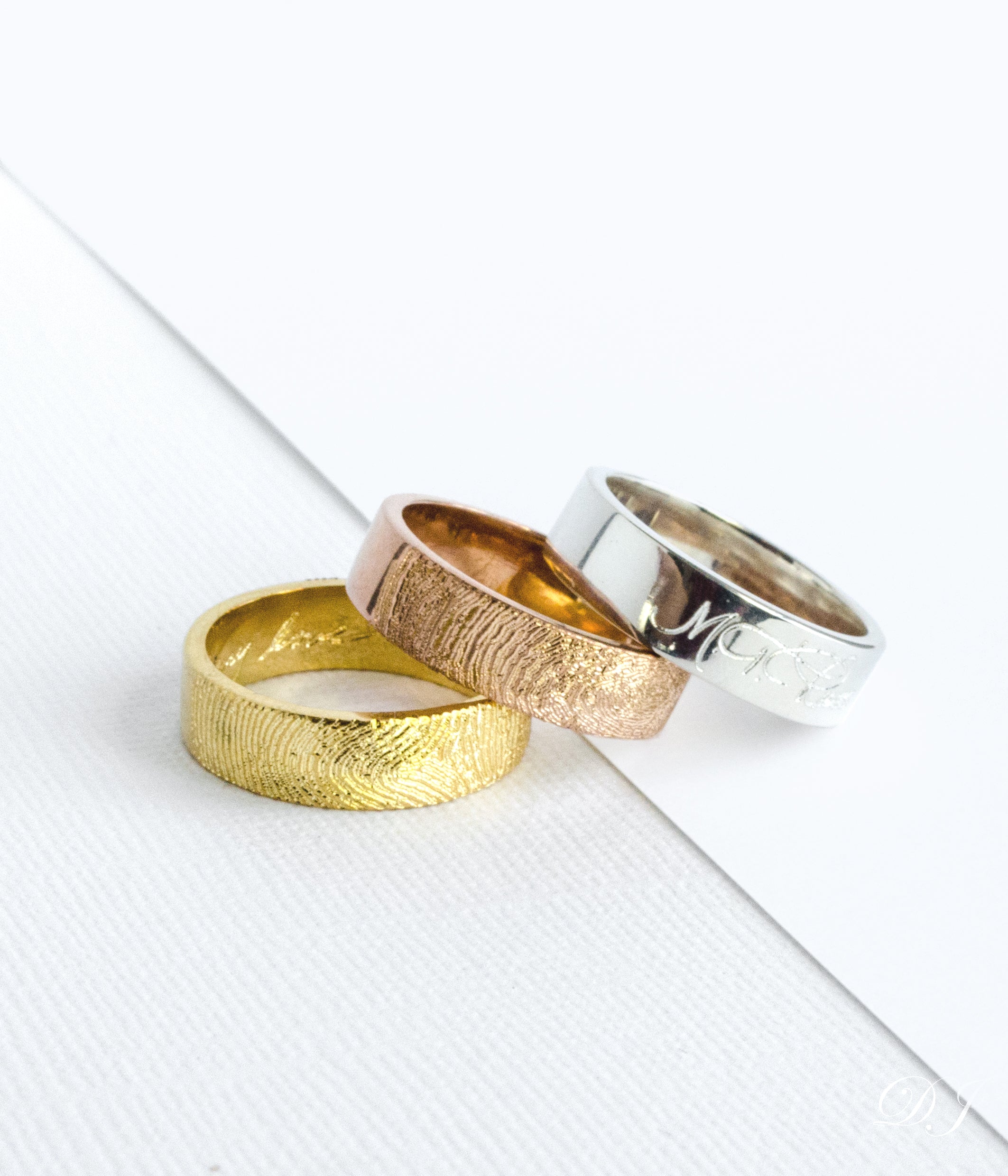 3 rings with gold, silver and rose gold. Custom 6mm band ring, engraved fingerprint jewelry, sterling silver ring, gold personalized wide band, rose gold thick accessory, special names and dates, coordinates, photo engraving option, meaningful gift idea, stylish keepsake, unique design, Gift for her, gift for him, memorial gift, commemorative gift, gift for fiance, gift for husband, gift for wife, gift for girlfriend, gift for boyfriend, silver anniversary gift, wedding gift, graduation gift