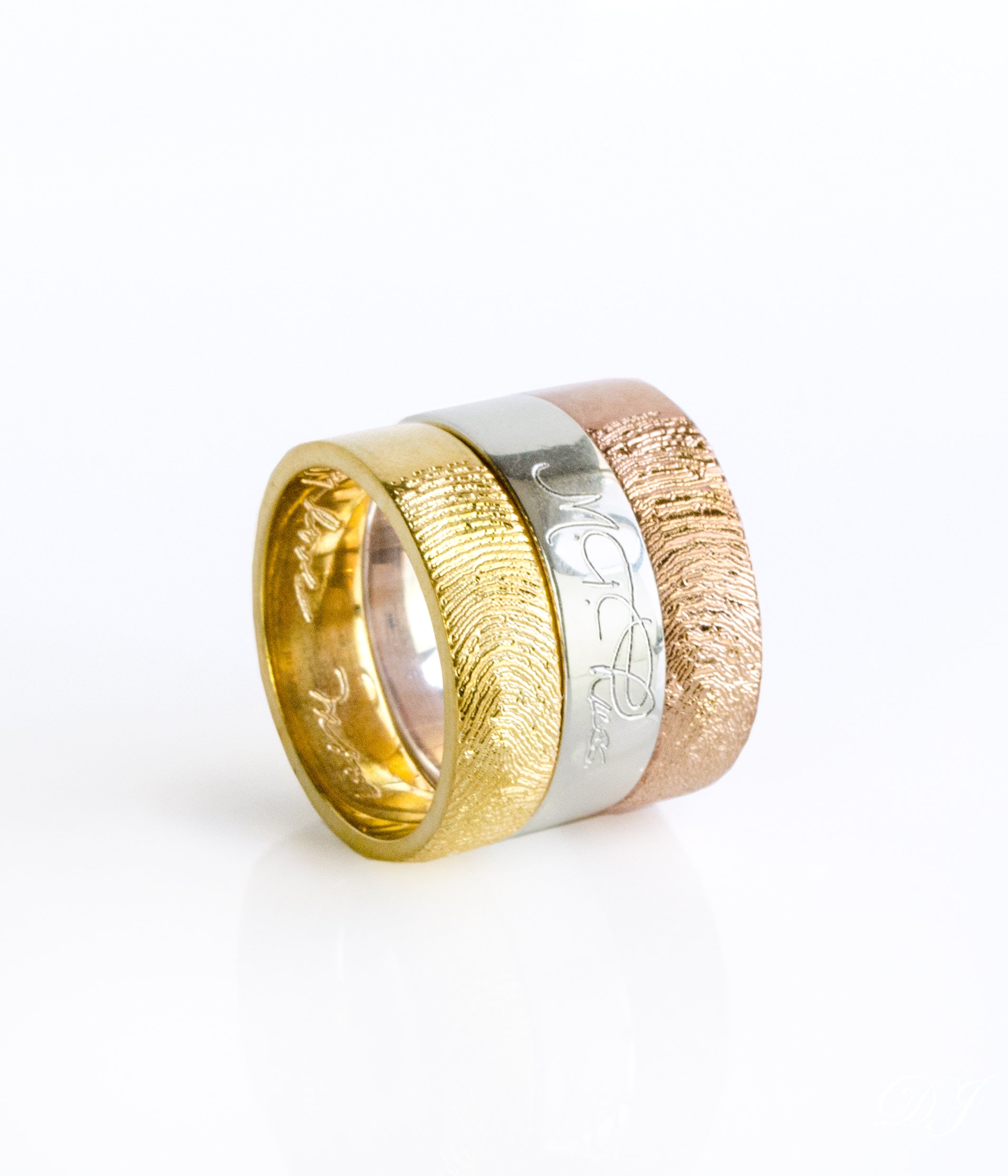 A stack of 3 rings in gold, silver and rose gold. Personalized 6mm band ring, custom fingerprint jewelry, sterling silver wide band, gold engraved ring, rose gold thick accessory, names and dates engraving, coordinates, photo engraving, thoughtful keepsake, stylish design, meaningful gift idea, Gift for her, gift for him, memorial gift, commemorative gift, gift for fiance, gift for husband, gift for wife, gift for girlfriend, gift for boyfriend, silver anniversary gift, wedding gift, graduation gift