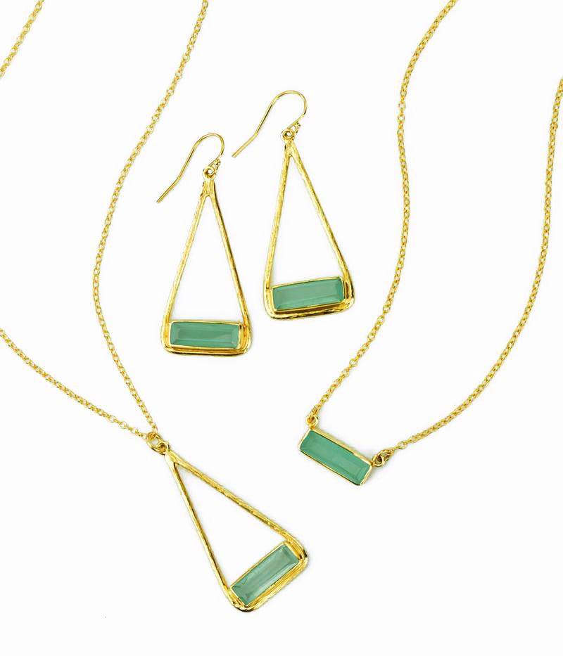 Aqua Chalcedony Adira Bar Triangle Frame Earrings, Sterling Silver or Gold Vermeil, Modern Boho Chic Frame Dangle Earrings for Women, March Birthstone