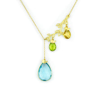 Gold Filled branch cascade necklace with kyanite mother stone, peridot and citrine child's or medium stones with stamped baby bird charms.
