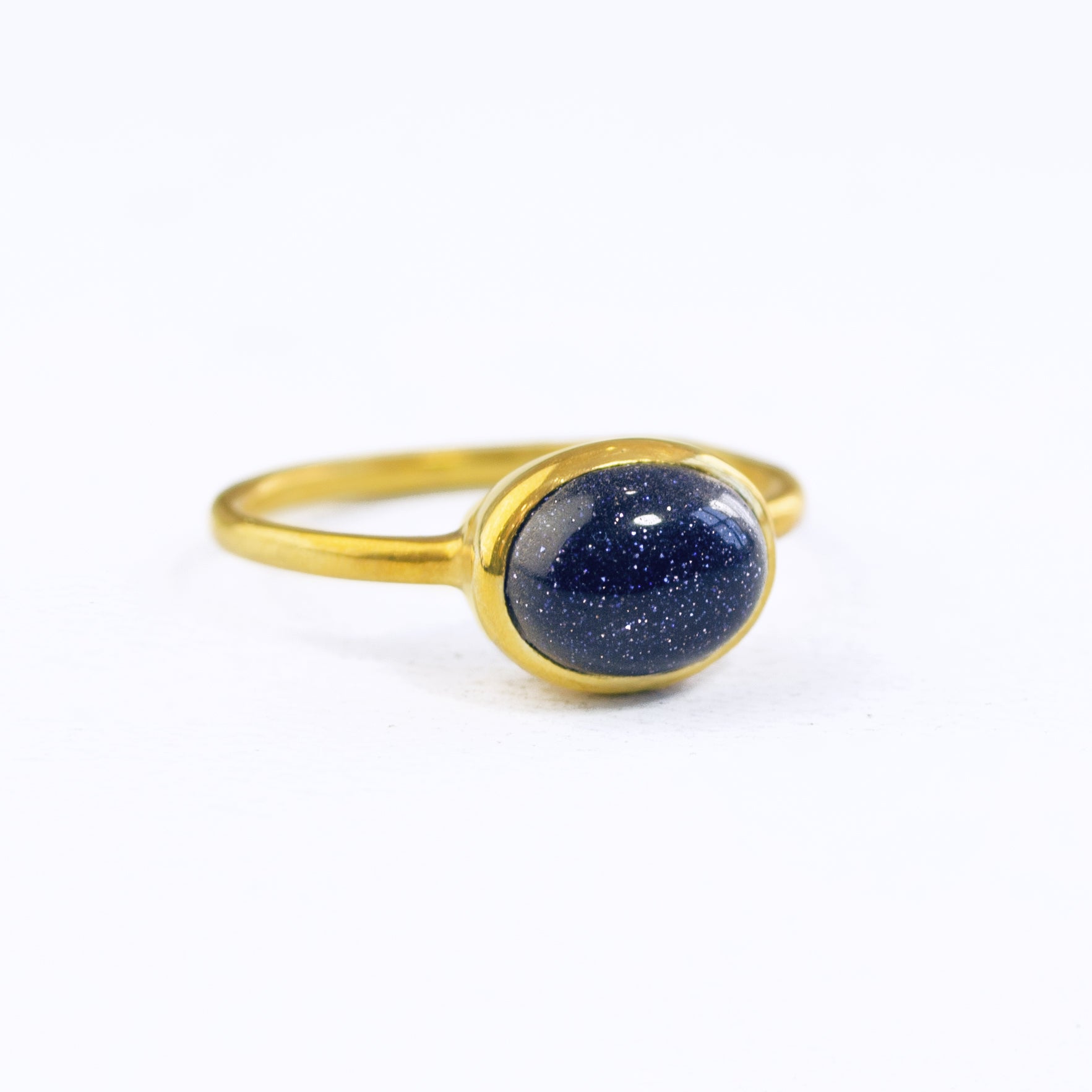 Oval Blue Goldstone Cabochon Ring, Bezel Set Birthstone Ring in Sterling Silver, Gold or Rose Gold