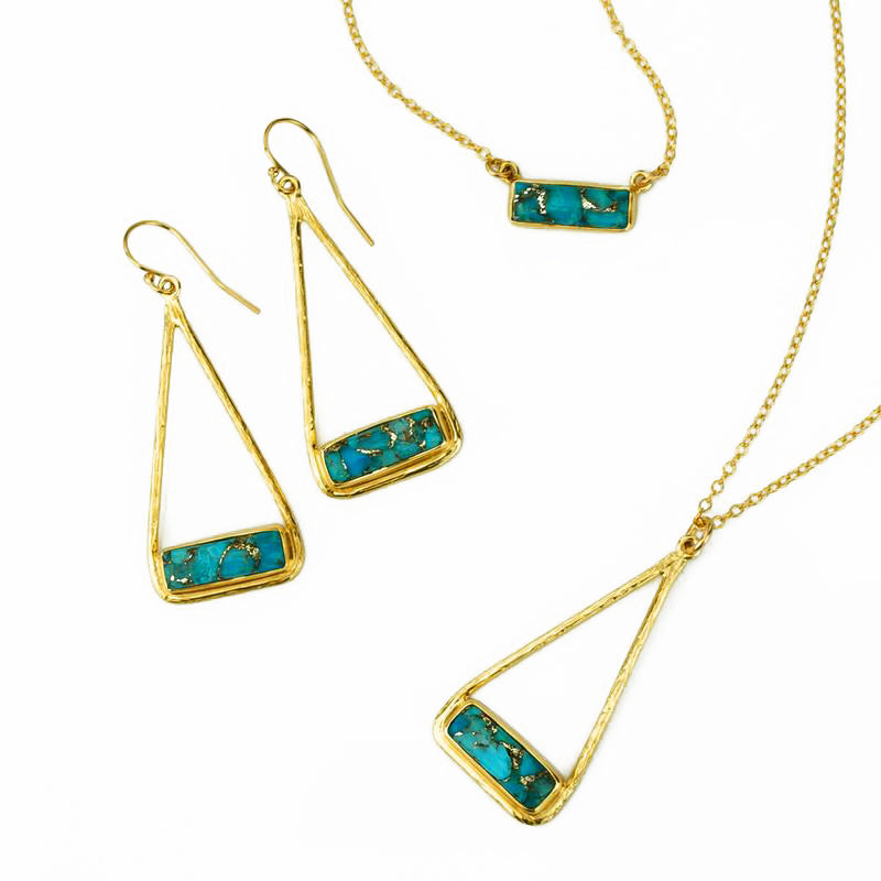 Copper Turquoise Adira Bar in Triangle Pendant Necklace, Sterling Silver or Gold Fill, Boho Chic Frame Pendant Necklace for Women, December Birthstone