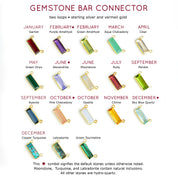 Adira gemstone bar connectors come in a variety of stone options including garnet, purple amethyst, green amethyst, aqua, clear, green onyx, alexandrite, moonstone, ruby, peridot, kyanite, pink chalcedony, opalite, citrine sky blue, copper turquoise, labradorite, green tourmaline, and black onyx. 