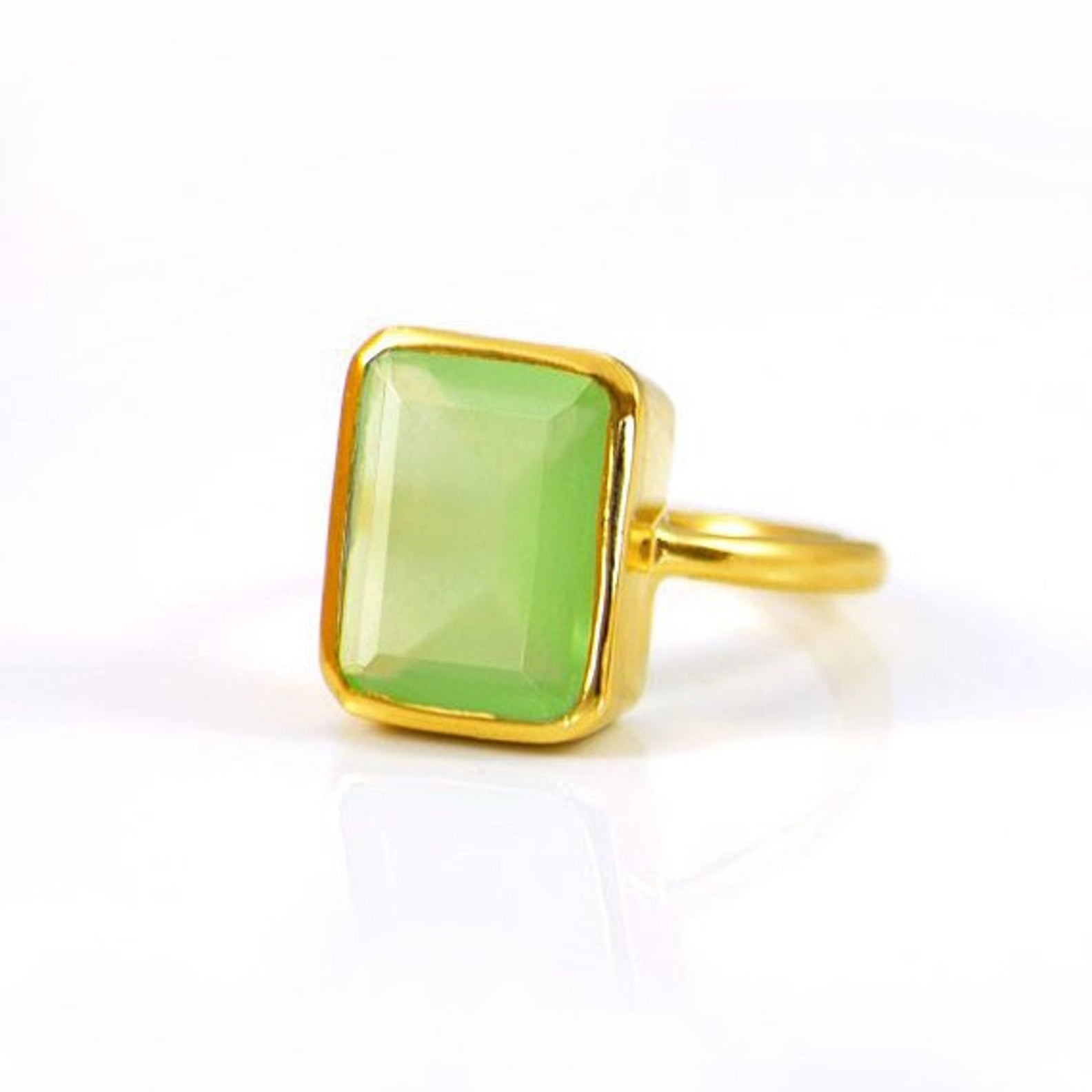 Green Chalcedony rectangle bezel set ring:August Birthstone