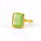 Green Chalcedony rectangle bezel set ring:August Birthstone