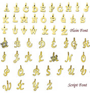 Initial letter charm style chart with plain and script fonts for personalized jewelry, gold alphabet initials for birthstone bracelets, custom bridesmaid or bridal party monogram gift options.
