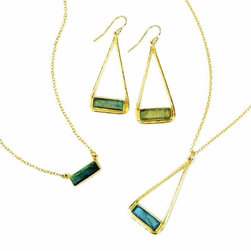 Labradorite Adira Bar Triangle Frame Earrings, Sterling Silver or Gold, Modern Boho Chic Frame Dangle Earrings for Women, Flashy Labradorite Jewelry