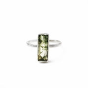 Moss Agate gemstone ring, natural green agate, unique bar ring design, minimalist jewelry, bezel-set moss agate, Adira Series ring, stylish moss agate, eye-catching green agate ring, elegant gemstone accessory, fashionable moss agate