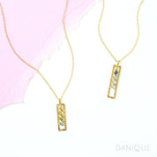 2 gold filled open frame birthstone necklace. First necklace features citrine, peridot and blue topaz birthstones. Second necklace has kyanite, blue topaz, moonstone and clear birthstones. 