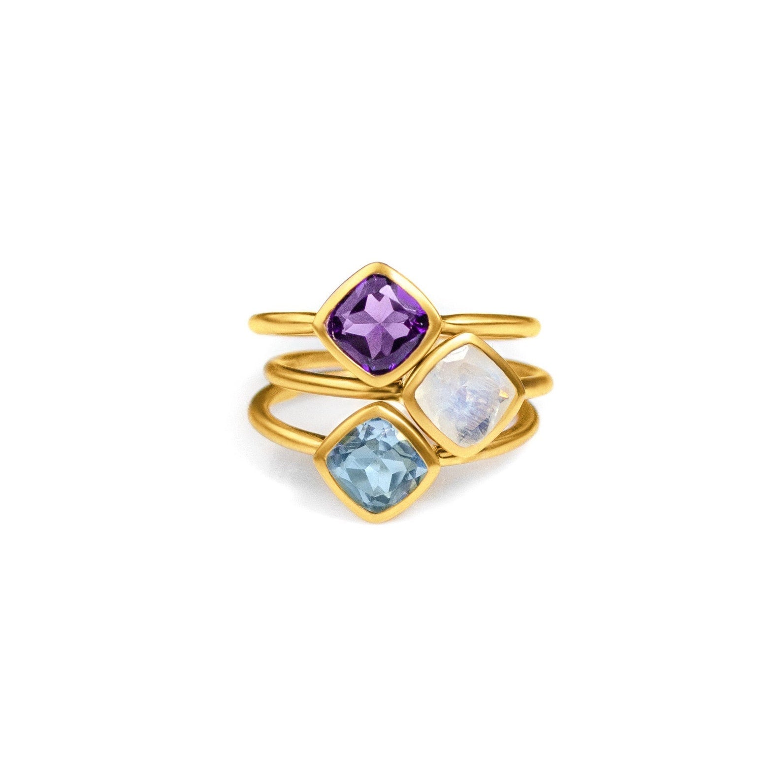 Diamond Shape Purple Amethyst Stacking Ring | February Birthstone, Custom diamond birthstone ring mom, Sterling Silver, 18k Gold Vermeil Gemstone Ring