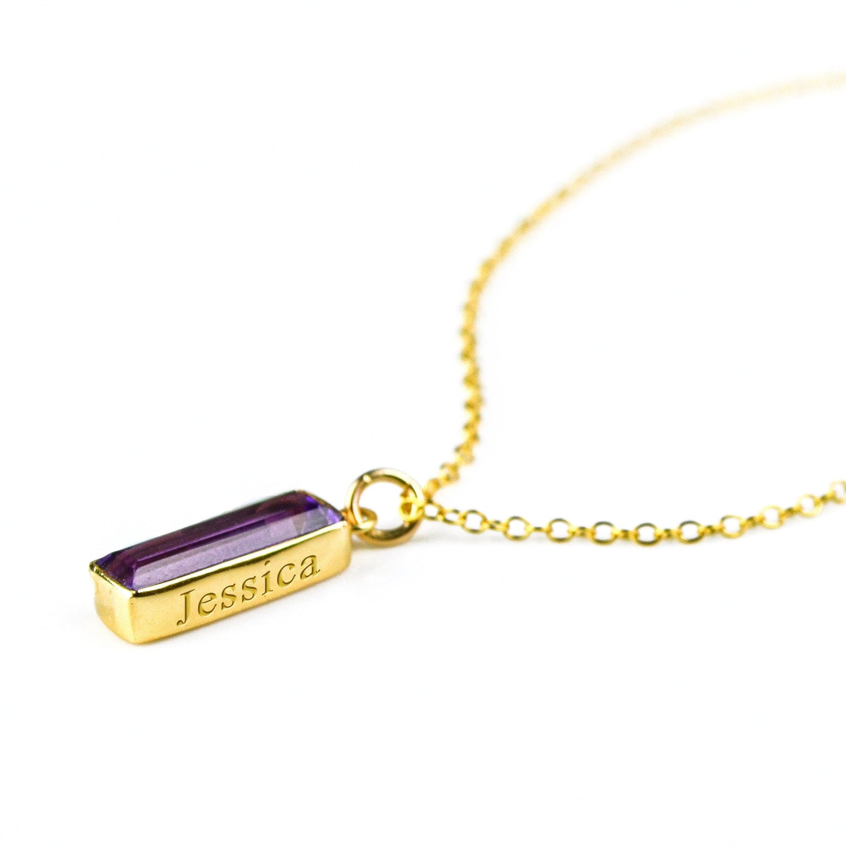 Secret message engraving Gold filled cable chain with purple amethyst vertical adira bar. February birthstone necklace in gold filled.