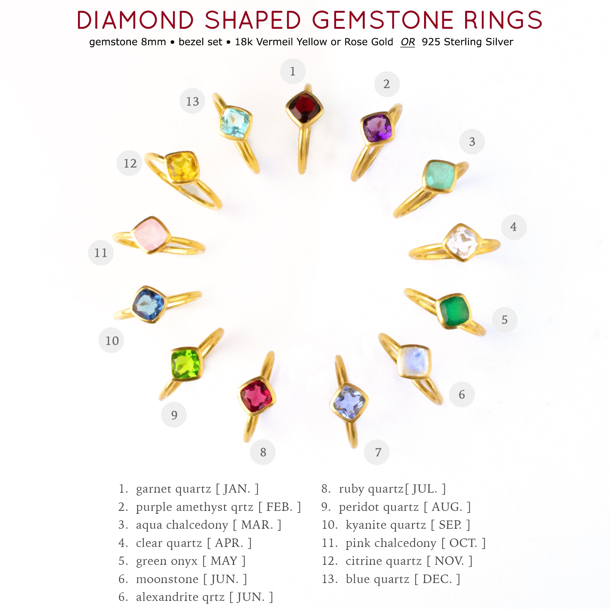 Diamond Shape Purple Amethyst Stacking Ring | February Birthstone, Custom diamond birthstone ring mom, Sterling Silver, 18k Gold Vermeil Gemstone Ring