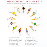 diamond shaped gemstones diamond shape birthstone rings are available in garnet, purple amethyst, aqua chalcedony, clear quartz, green onyx, moonstone, alexandrite, ruby, peridot, kyanite, pink chalcedony or blue quartz