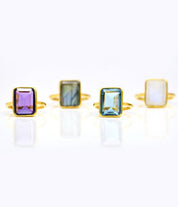 Green Chalcedony rectangle bezel set ring:August Birthstone