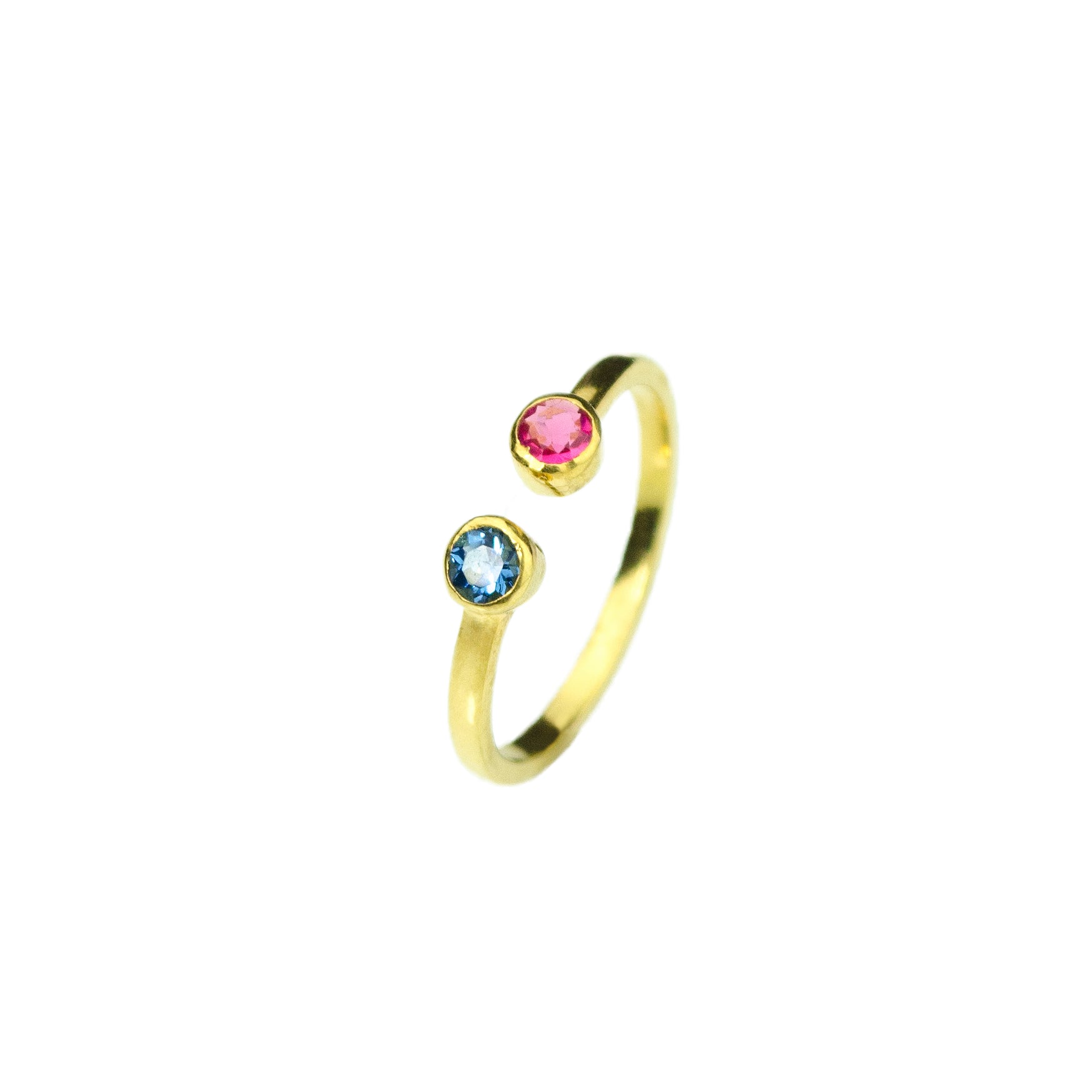 Dual Birthstone Adjustable Ring gold filled featuring kyanite and ruby 3mm birthstones. 