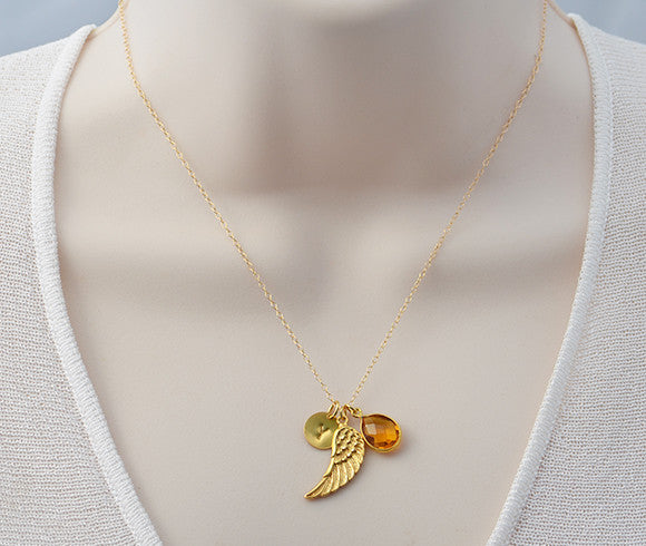 Personalized Angel Wing Natural Birthstone necklace