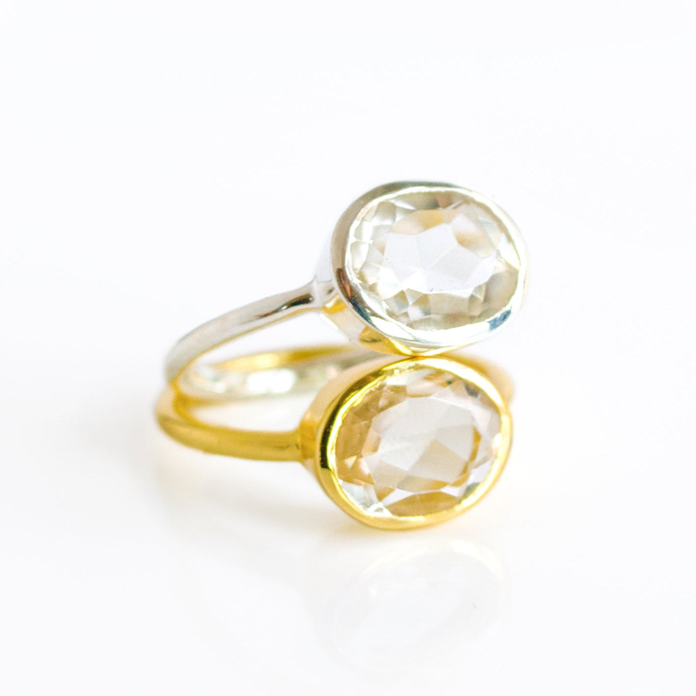Set of sterling silver clear quartz birthstone ring with gold plated april birthstone gemstone ring. april gemstone birthstone jewelry 