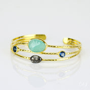 Rough Cut Aqua Chalcedony Open Bangle with Kyanite Quartz Details