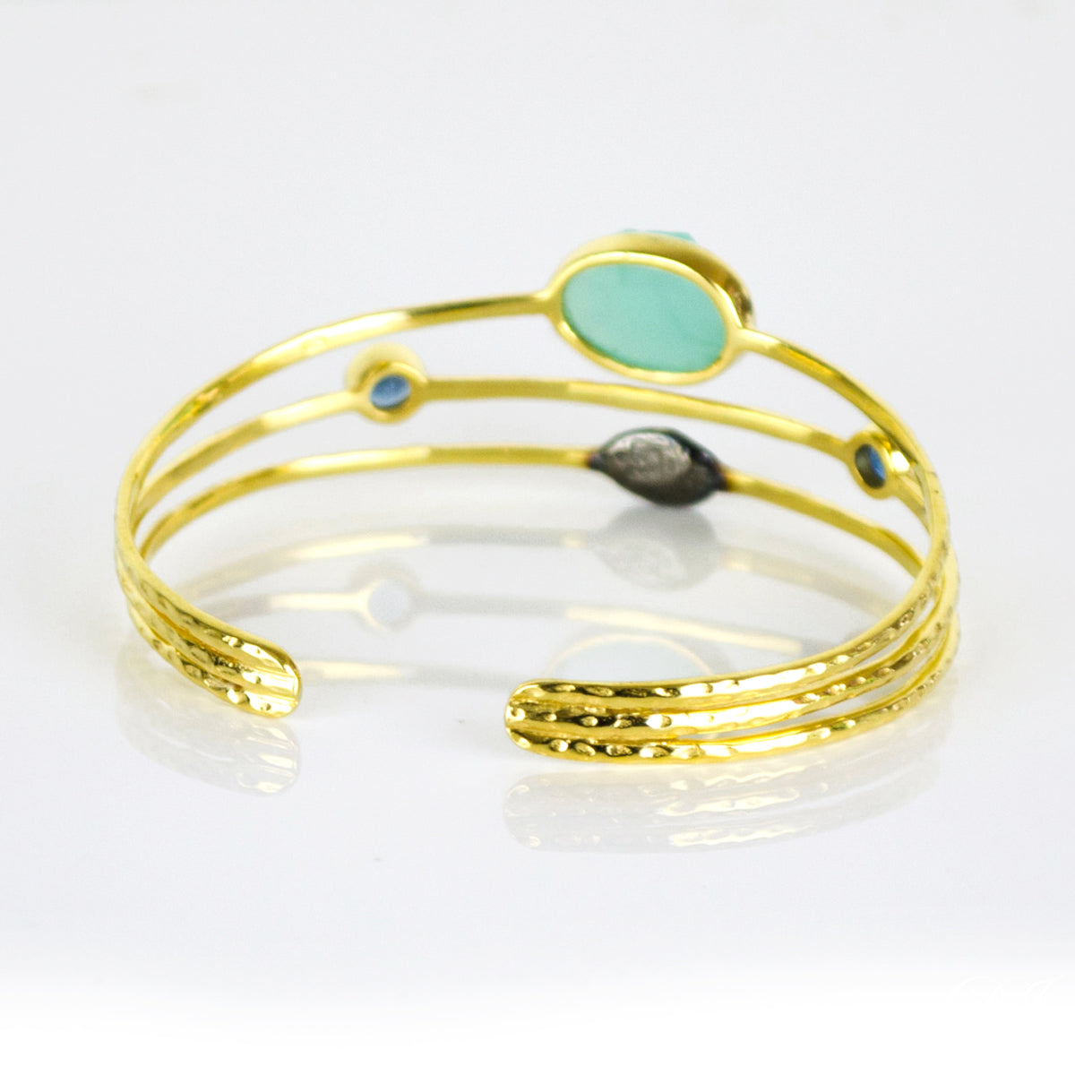 Rough Cut Aqua Chalcedony Open Bangle with Kyanite Quartz Details