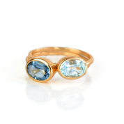 Custom oval aquamarine birthstone ring for March, September Sapphire bezel set in gold vermeil. Minimalist stacking ring gift for birthdays, anniversaries, or self-gifting.