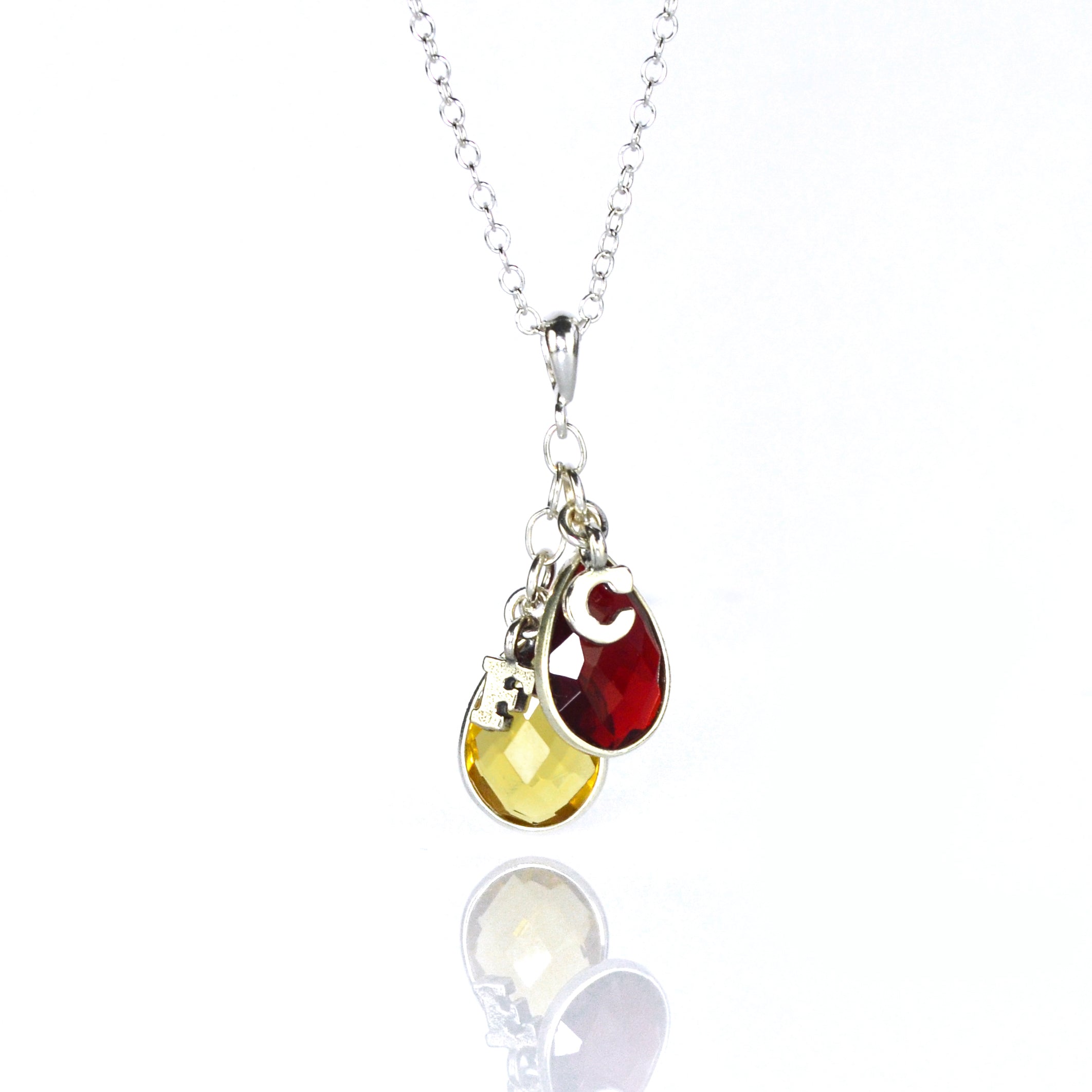 Sterling silver cascade teardrop birthstone necklace with garnet and citrine birthstones and plain letter initial charms. birthstone jewelry. 