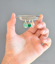 Sterling Silver Bangle Bracelet with 3 Stones and Initials Aqua Chalcedony Green Onyx Pink Chalcedony birthstone. Initial charm, letter charm