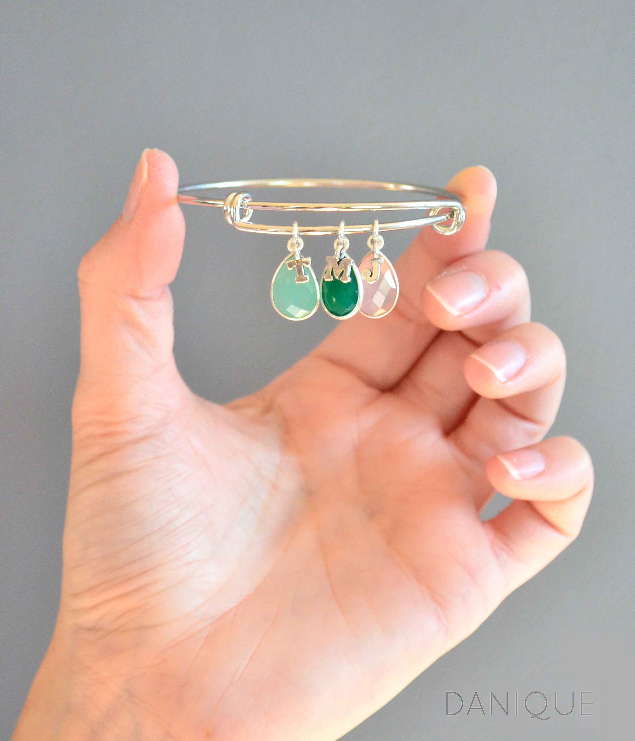 Sterling Silver Bangle Bracelet with 3 Stones and Initials Aqua Chalcedony Green Onyx Pink Chalcedony birthstone. Initial charm, letter charm