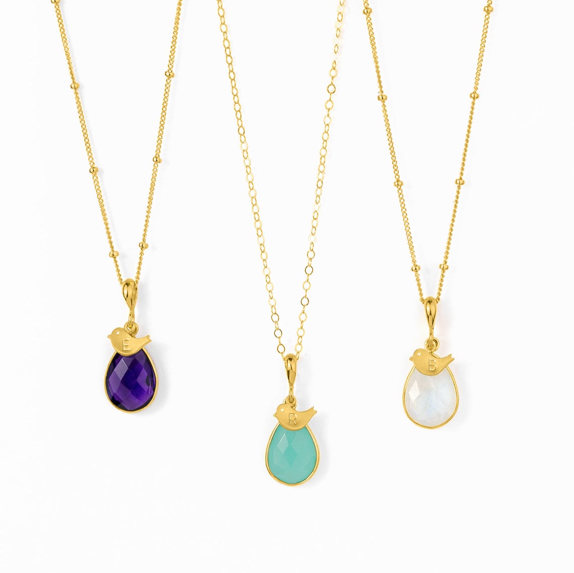Teardrop Birthstone with Hand Stamped Bird Initial Charm Necklace, Bezel Set Gemstone Necklace, 925 Silver, Gold Filled, Gold Vermeil Gift for Women