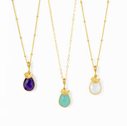 Teardrop Birthstone with Hand Stamped Bird Initial Charm Necklace, Bezel Set Gemstone Necklace, 925 Silver, Gold Filled, Gold Vermeil Gift for Women