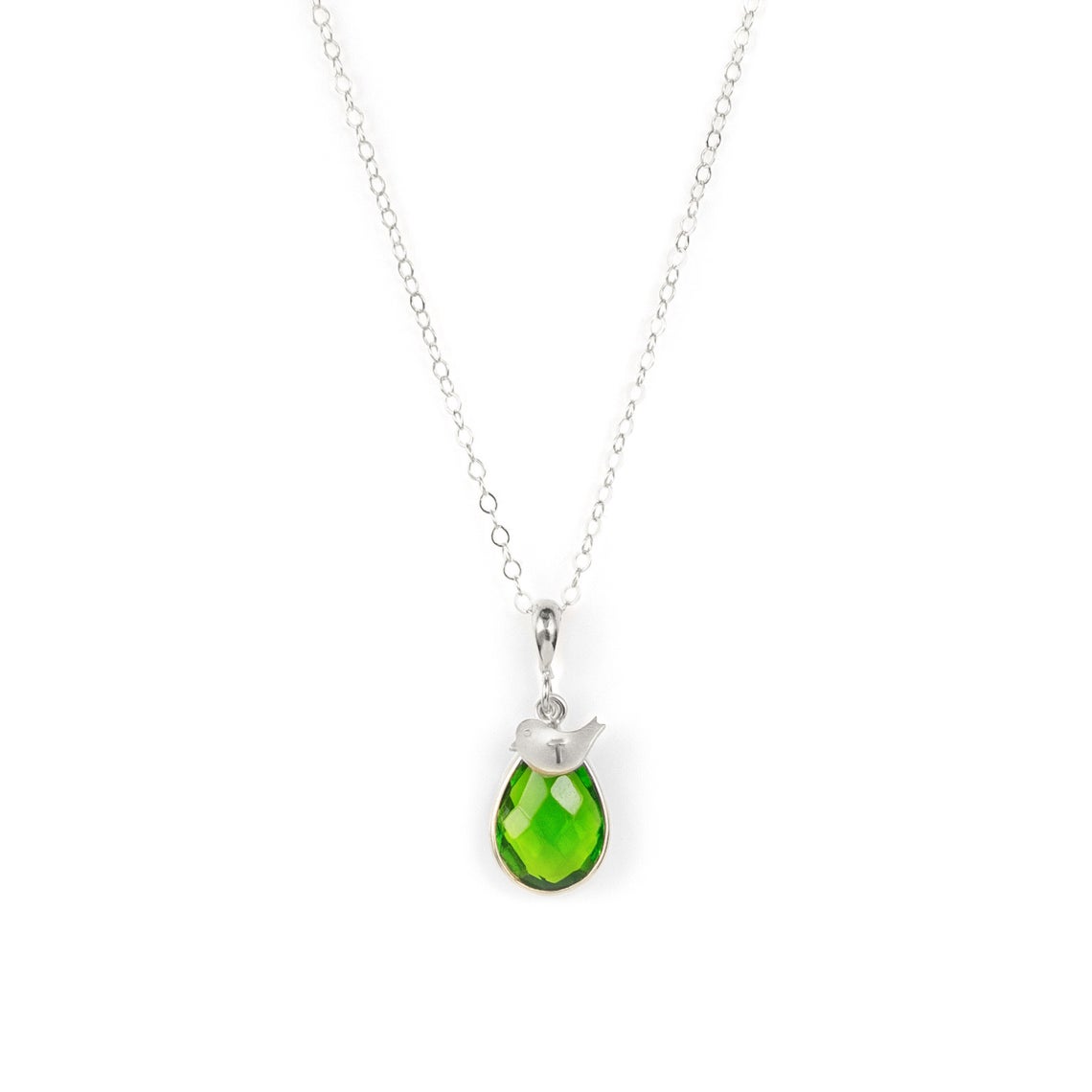 Teardrop Birthstone with Hand Stamped Bird Initial Charm Necklace, Bezel Set Gemstone Necklace, 925 Silver, Gold Filled, Gold Vermeil Gift for Women