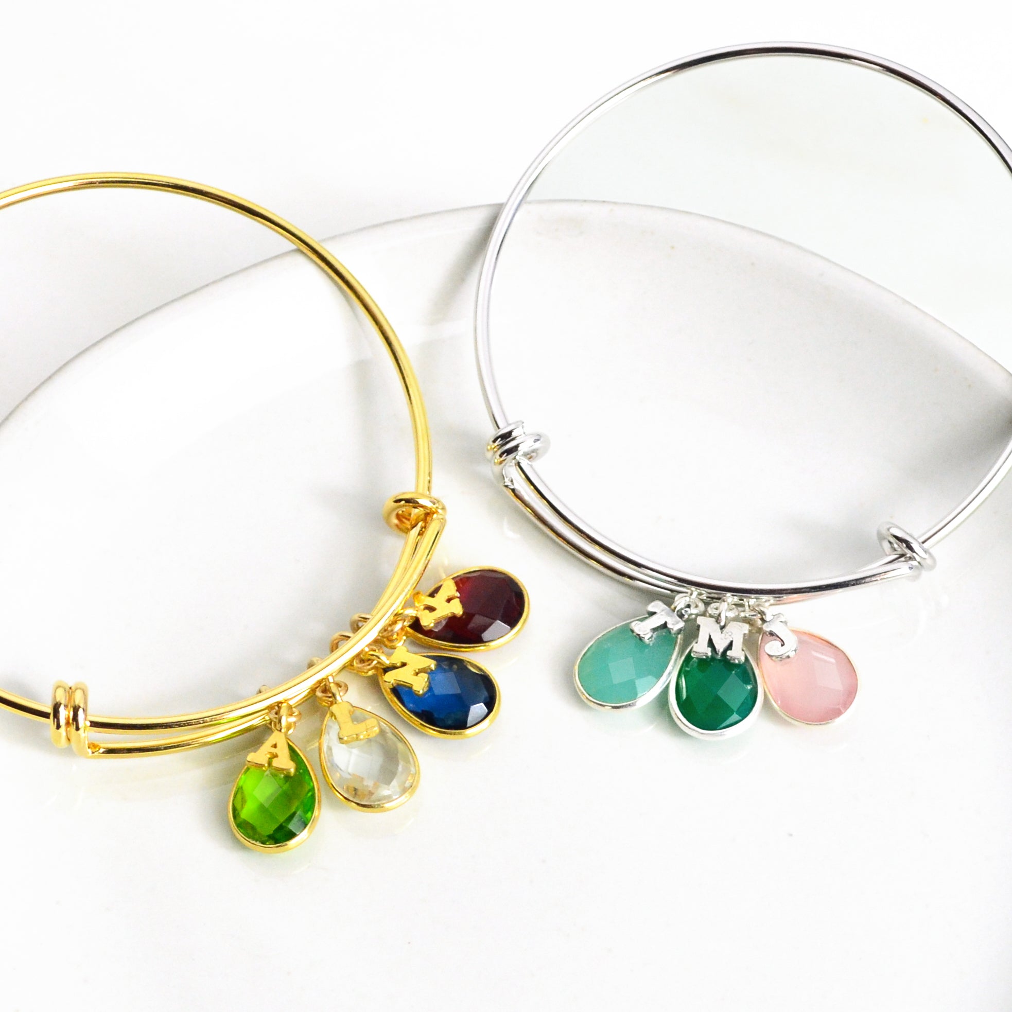 Personalized Mother's Bangle Bracelet With Teardrop Birthstone Charms and Initial Charms 16k Gold Plated over Brass or Sterling Silver Bangle Vermeil Gold or Sterling Silver Charms