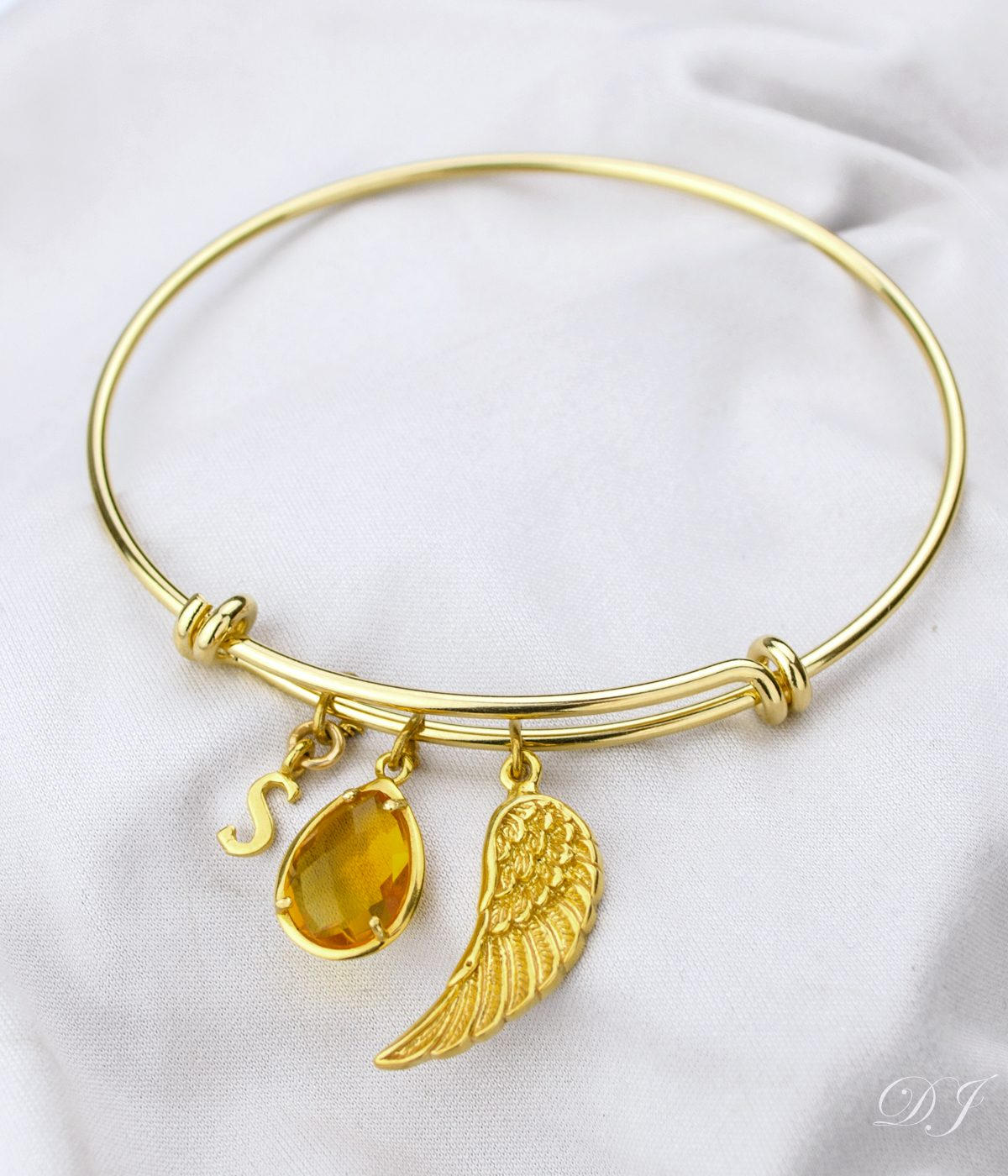 Personalized Birthstone Charm Adjustable Gold or Silver Bangle Bracelet