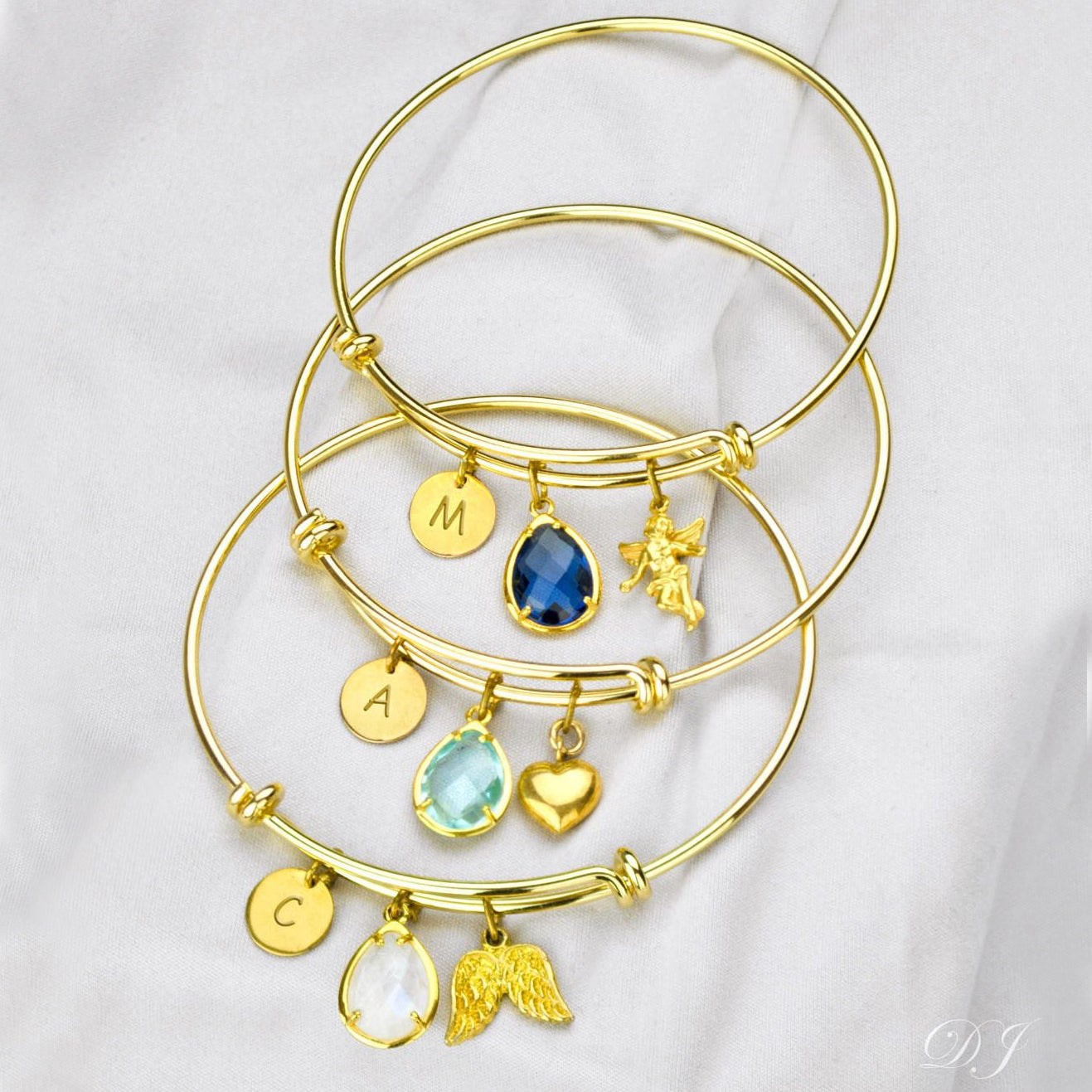 Personalized Birthstone Charm Adjustable Gold or Silver Bangle Bracelet