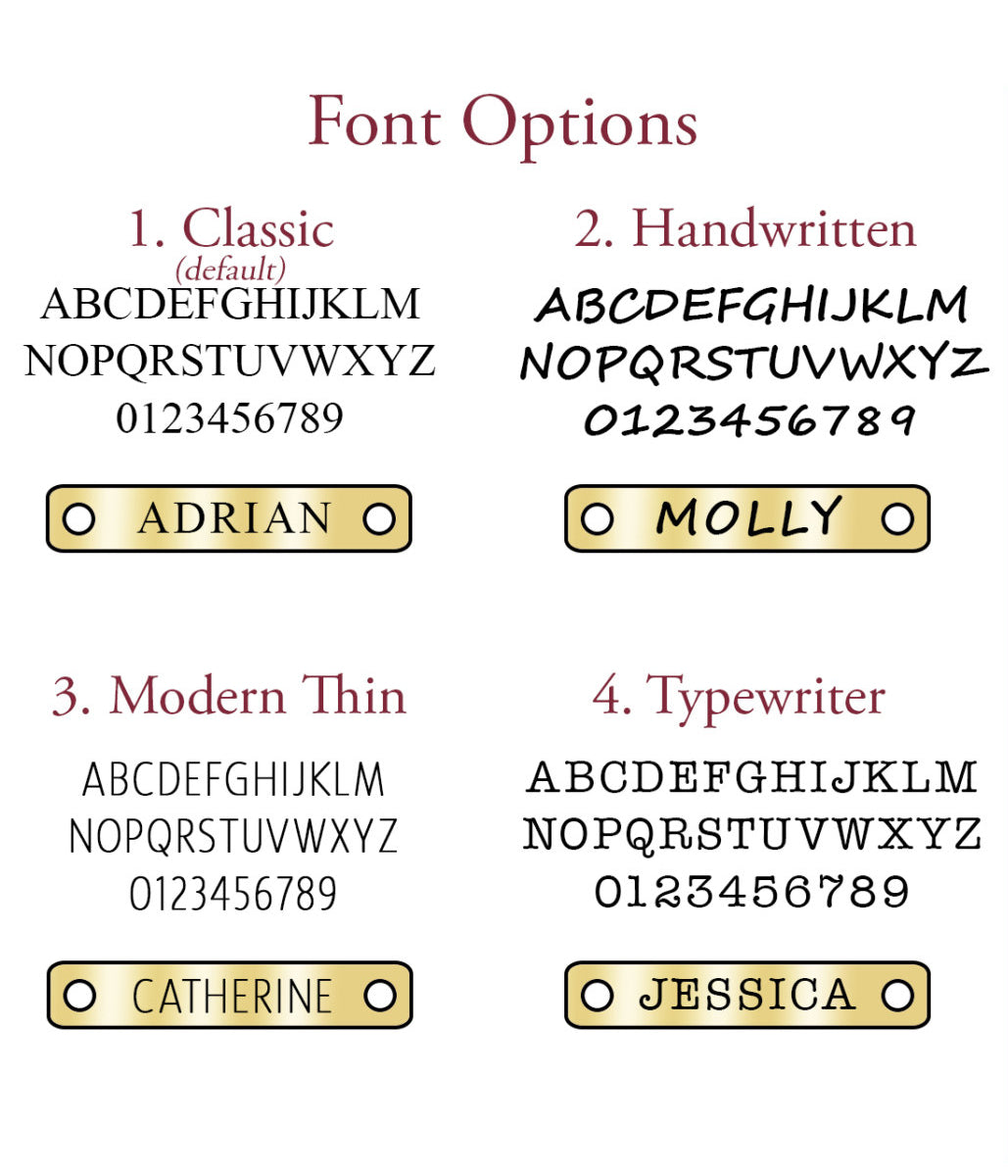 Choose from our font options to engrave 1 or both sides of the bar options include classic, handwritten, modern thin, and typewriter 