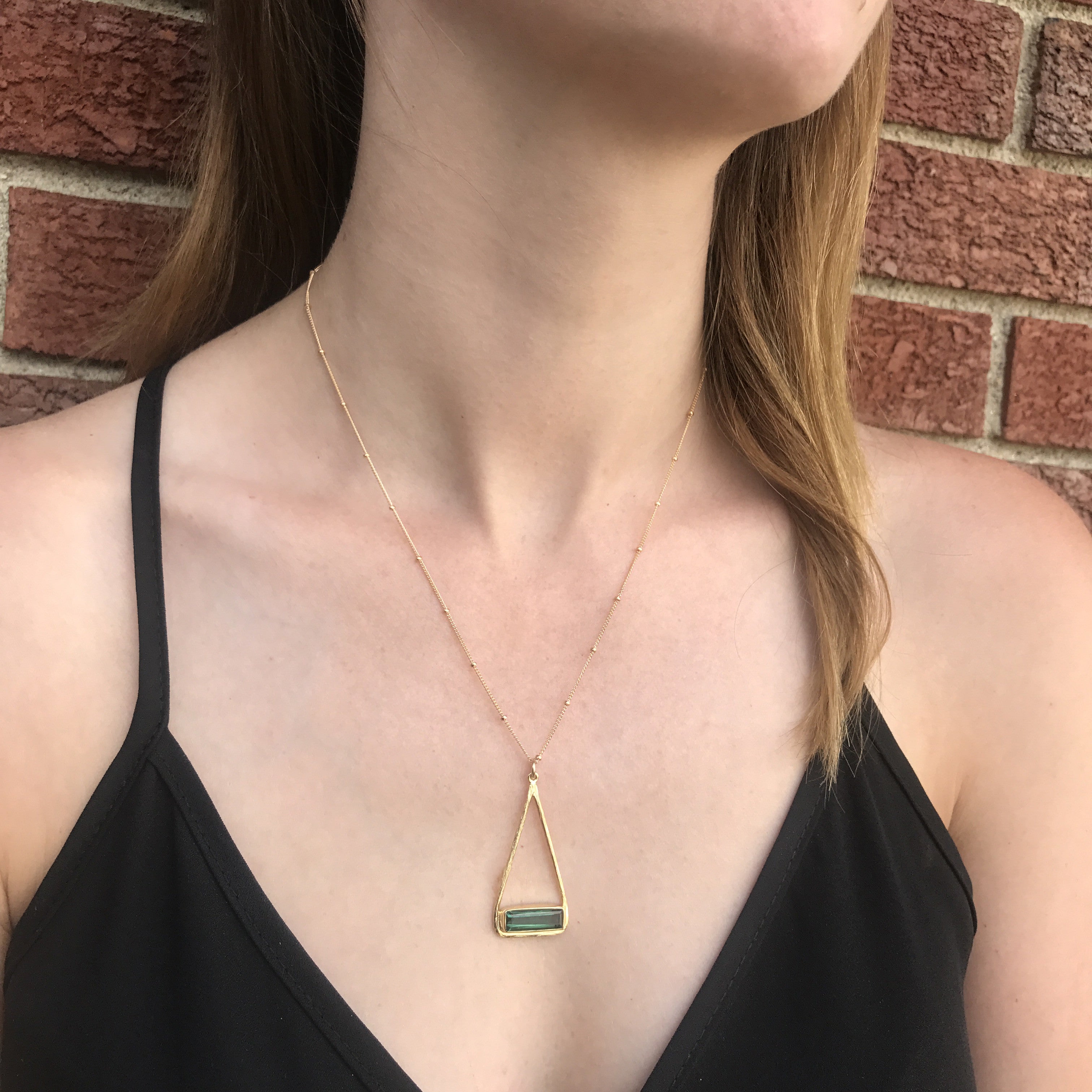 Aqua Chalcedony Adira Bar Triangle Frame Necklace, Sterling Silver, Gold Vermeil, Modern Boho Chic Frame Pendant Necklace for Women, March Birthstone
