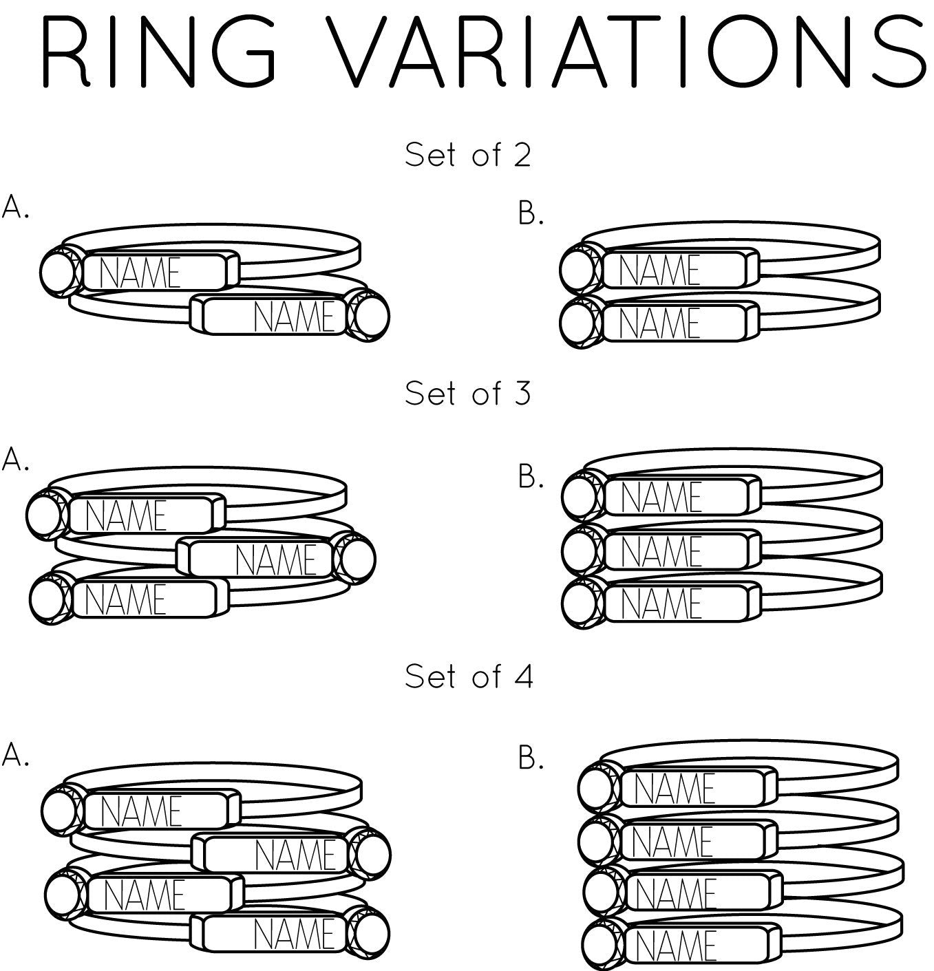 ring variations for sets of 2, set of 3 or set of 4 with name bar on same side or alternating sides for  stacking. engraved name ring, birthstone jewelry, birthstone ring