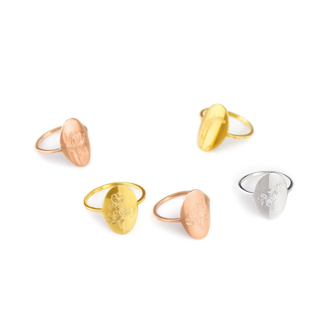 Collection of 5 birth flower custom engraved rings available in gold, silver, and rose gold. perfect gift for the anthophile in your life