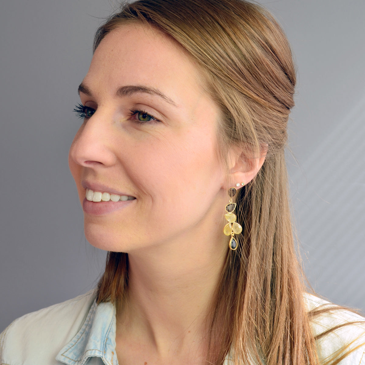 Elegant Black Onyx and Gold Rutilated Statement Earrings